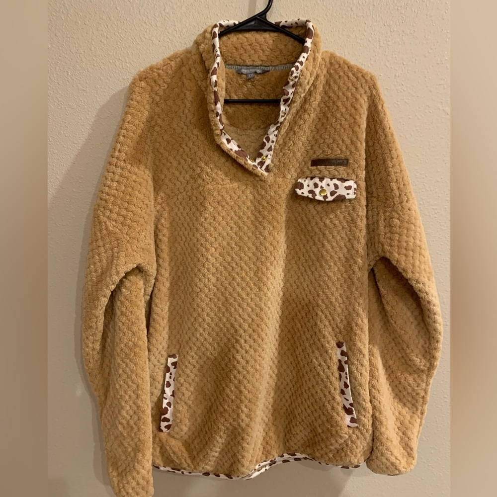 Simply Southern Tan Fleece Pullover with Cow Patterned Trim